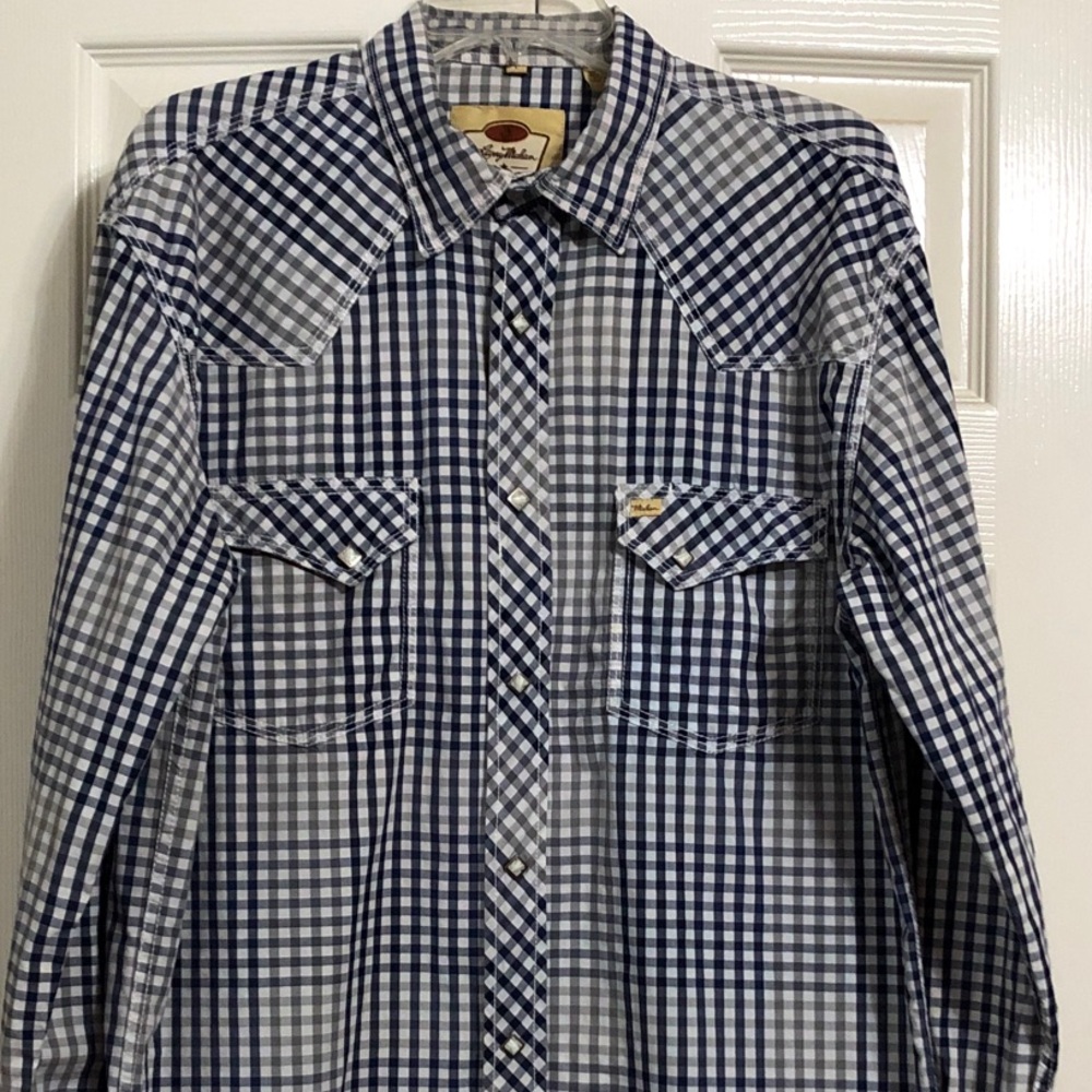 Larry Mahan Pearl Snap Button Blue/Gray/White Checkered Men's Shirt Size Large